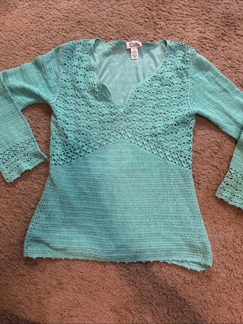 Lilly Pulitzer TEAL turquoise Crocheti Tunic Top LS “V” Neckline Small Stunning